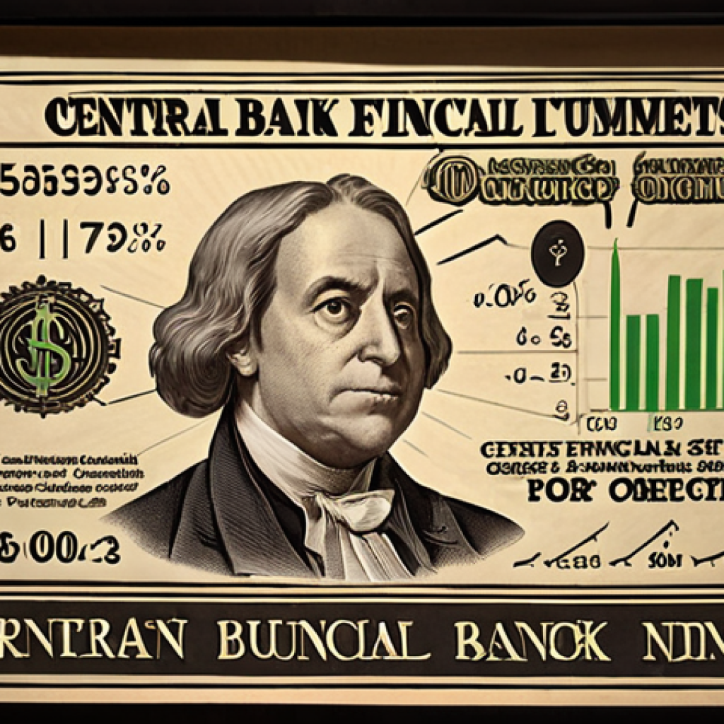 **Central Bank Control:** A powerful conductor orchestrating an orchestra of financial instruments (currency symbols, interest rate graphs). Emphasize control and delicate balance.