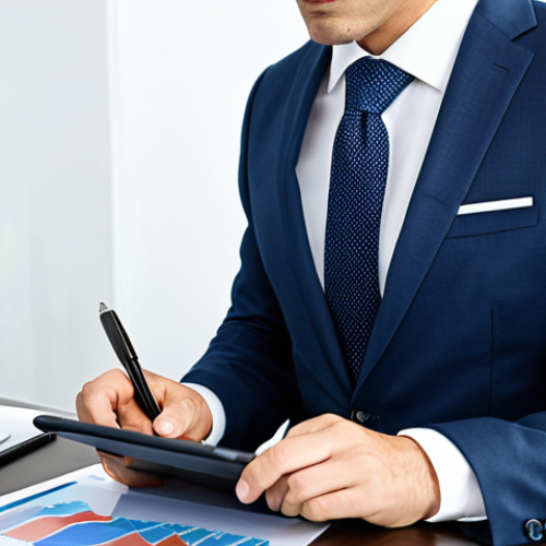 Home 14 A professional financial advisor, fully clothed in a modest business suit, seated at a modern office desk, thoughtfully observing a digital tablet displaying abstract financial charts and graphs. The background is clean and bright, symbolizing clarity in complex financial decisions like fixed, variable, or mixed interest rates. The image should convey a sense of calm analysis and expertise. Perfect anatomy, correct proportions, well-formed hands, natural body proportions, natural pose, professional photography, high detail, studio lighting, smooth focus, safe for work, appropriate content, fully clothed, professional dress, family-friendly.