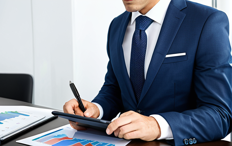 A professional financial advisor, fully clothed in a modest business suit, seated at a modern office desk, thoughtfully observing a digital tablet displaying abstract financial charts and graphs. The background is clean and bright, symbolizing clarity in complex financial decisions like fixed, variable, or mixed interest rates. The image should convey a sense of calm analysis and expertise. Perfect anatomy, correct proportions, well-formed hands, natural body proportions, natural pose, professional photography, high detail, studio lighting, smooth focus, safe for work, appropriate content, fully clothed, professional dress, family-friendly.