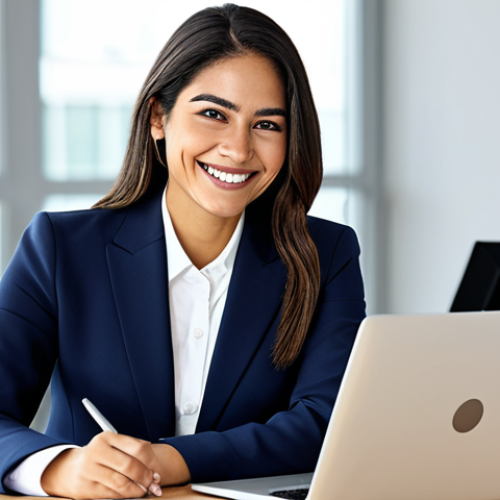 Home 7 **
A confident Latina businesswoman in a tailored, fully clothed business suit, smiling warmly at a modern office desk with a laptop. The background is a bright, open office space with blurred colleagues. Appropriate attire, safe for work, perfect anatomy, natural proportions, professional digital art, high quality, family-friendly.
**