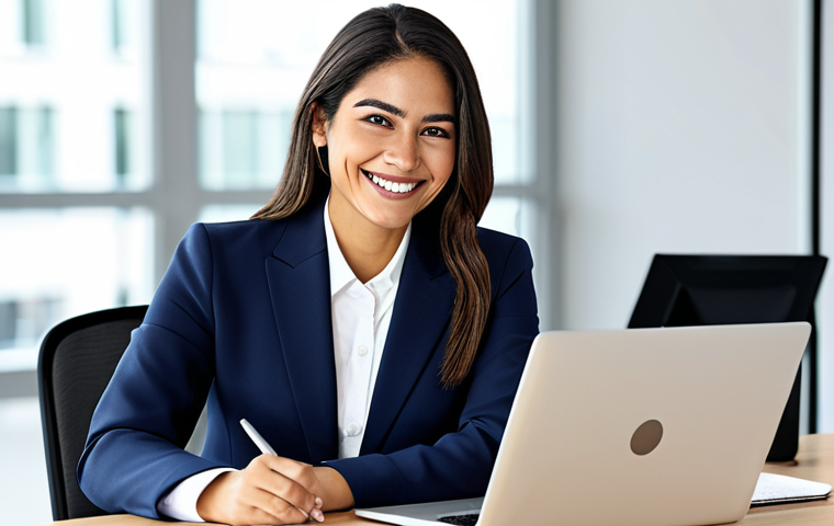 **
A confident Latina businesswoman in a tailored, fully clothed business suit, smiling warmly at a modern office desk with a laptop. The background is a bright, open office space with blurred colleagues. Appropriate attire, safe for work, perfect anatomy, natural proportions, professional digital art, high quality, family-friendly.
**