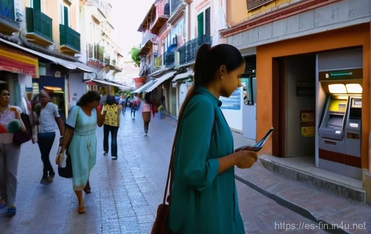 외화 ATM 사용법 - **Prompt:** "A young woman, a seasoned traveler in her late 20s, stands at an ATM on a bustling, col...