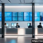 암호화폐와 전통 금융의 융합 - A modern Spanish bank interior blending traditional architecture with futuristic digital elements, s...