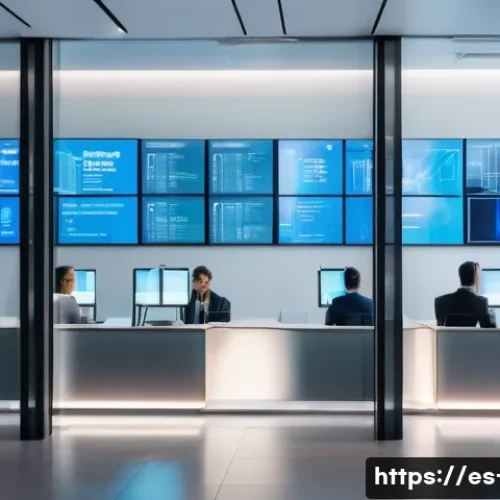 암호화폐와 전통 금융의 융합 - A modern Spanish bank interior blending traditional architecture with futuristic digital elements, s...