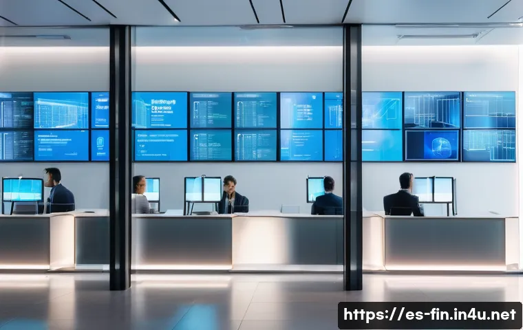 암호화폐와 전통 금융의 융합 - A modern Spanish bank interior blending traditional architecture with futuristic digital elements, s...