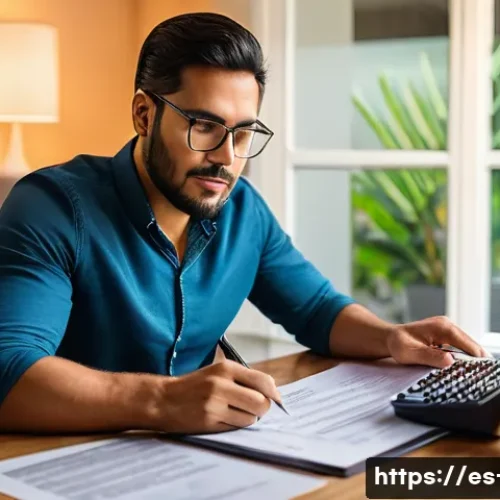 대출금 상환 방법 - A professional Latin American man reviewing a detailed loan contract at a wooden desk in a cozy home...