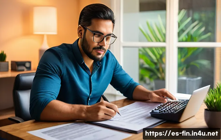대출금 상환 방법 - A professional Latin American man reviewing a detailed loan contract at a wooden desk in a cozy home...