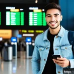 해외 결제 시 유리한 카드 - A confident young Hispanic traveler standing at an international airport terminal, holding a credit ...