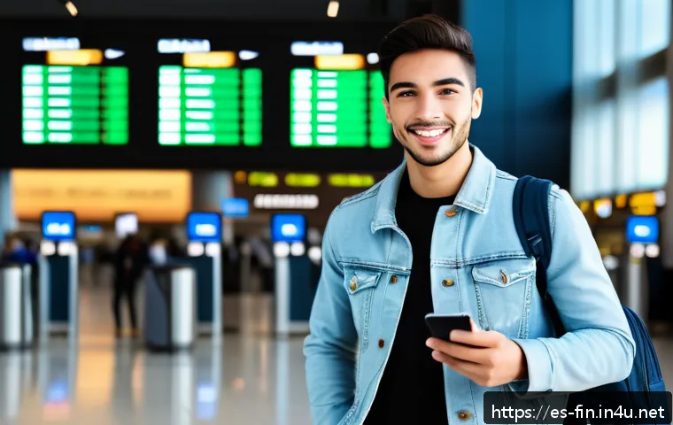 해외 결제 시 유리한 카드 - A confident young Hispanic traveler standing at an international airport terminal, holding a credit ...